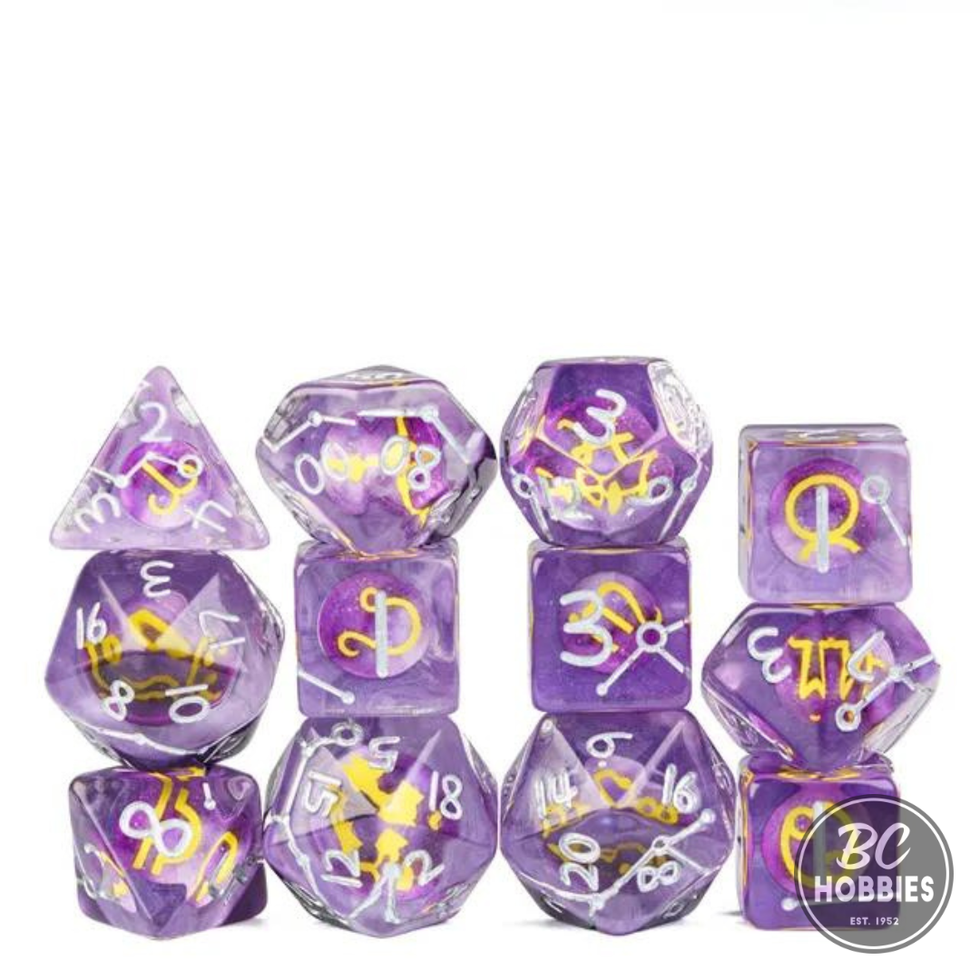 Purple Constellation 12pc Dice Set inked in Silver