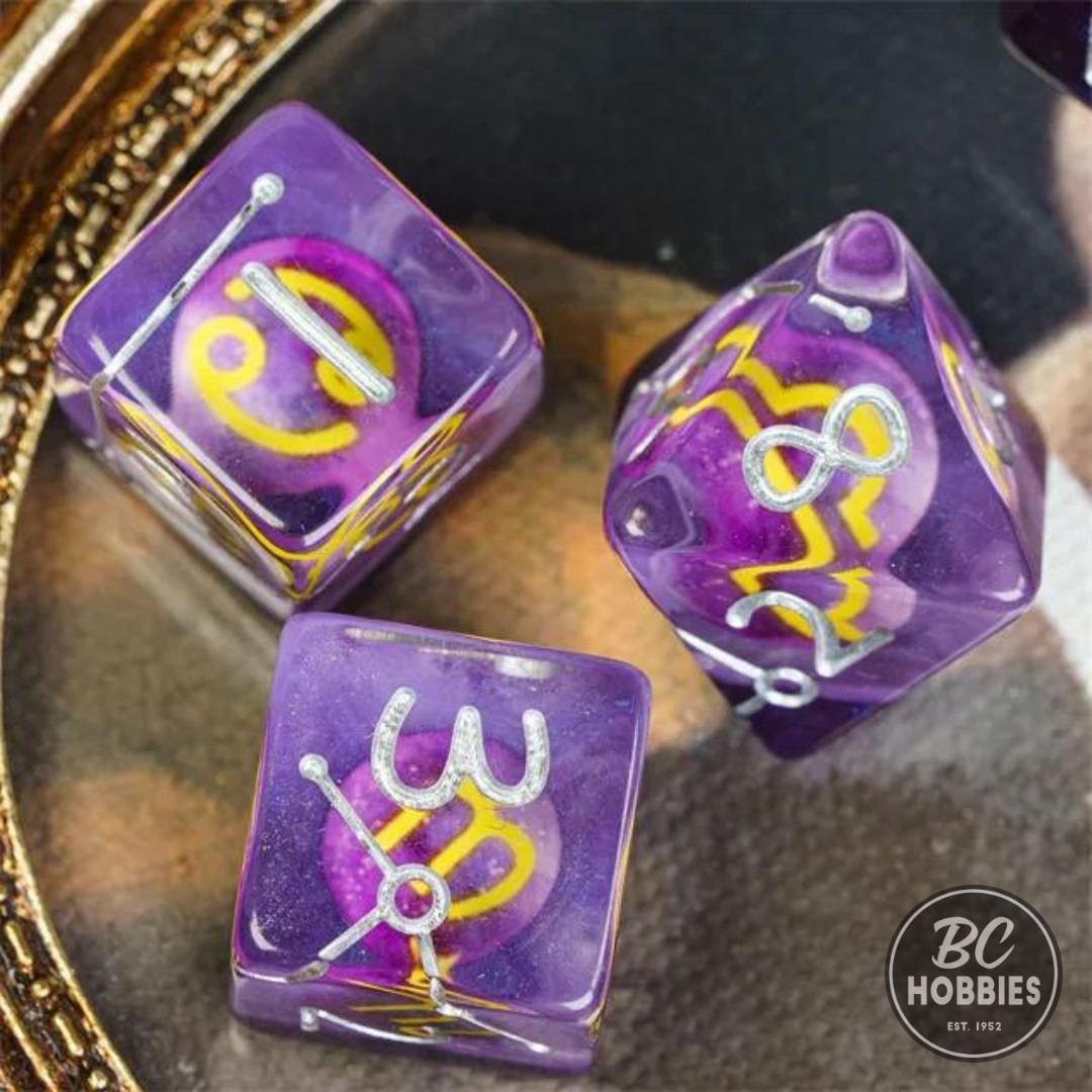 Purple Constellation 12pc Dice Set inked in Silver