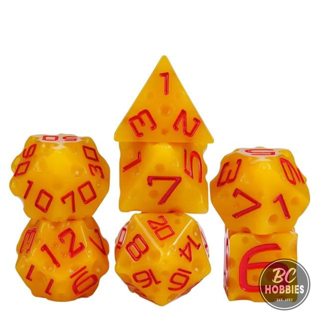 Cheese 7pc Dice Set inked in Red