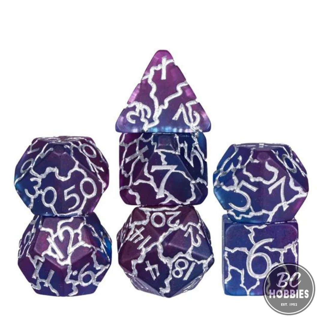 Purple and Blue Cracks 7pc Dice Set Inked in Silver