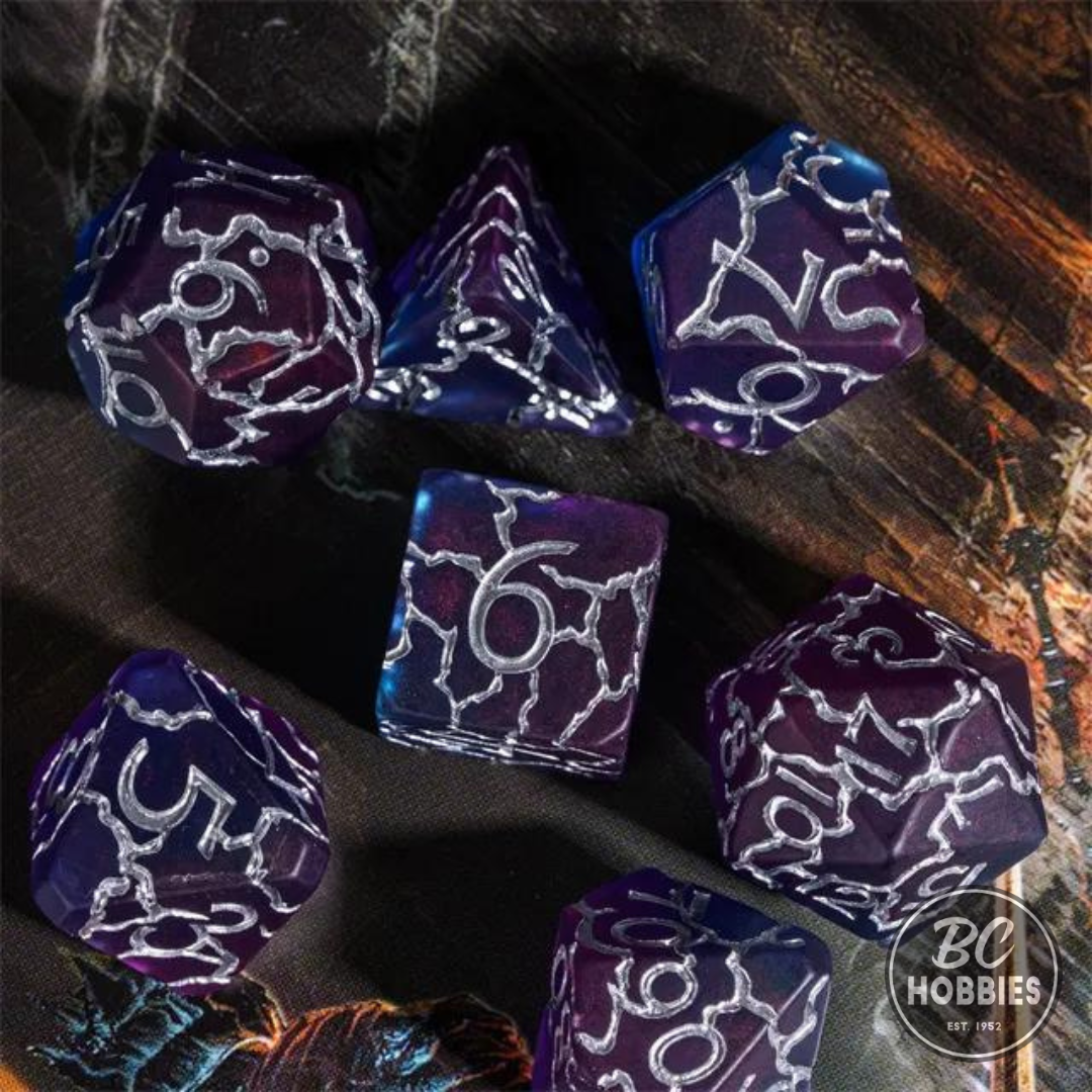 Purple and Blue Cracks 7pc Dice Set Inked in Silver