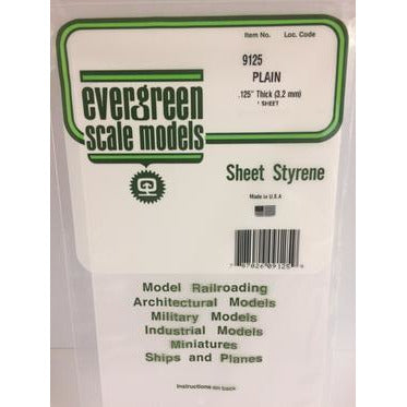 Evergreen #9125 Styrene Sheets: Plain 1 pack 0.125" (3.2mm) x 6" x 12"