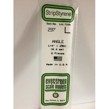 Evergreen #297 Styrene Shapes: Angle 2 pack 1/4", 0.250" (6.3mm) x 0.250" (6.3mm) x 0.029" (0.73mm) Thick