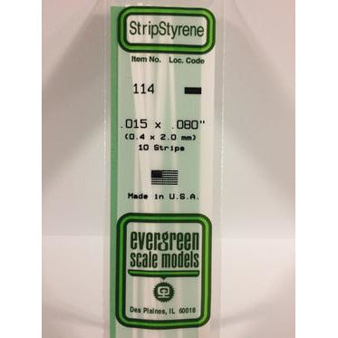 Evergreen #114 Styrene Strips: Dimensional 10 pack 0.015" (0.38mm) x 0.080" (2.0mm) x 14" (35cm)