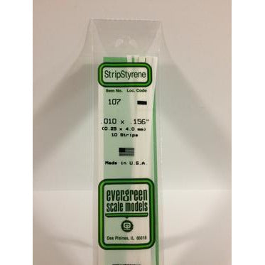 Evergreen #107 Styrene Strips: Dimensional 10 pack 0.010" (0.25mm) x 0.156" (4.0mm) x 14" (35cm)