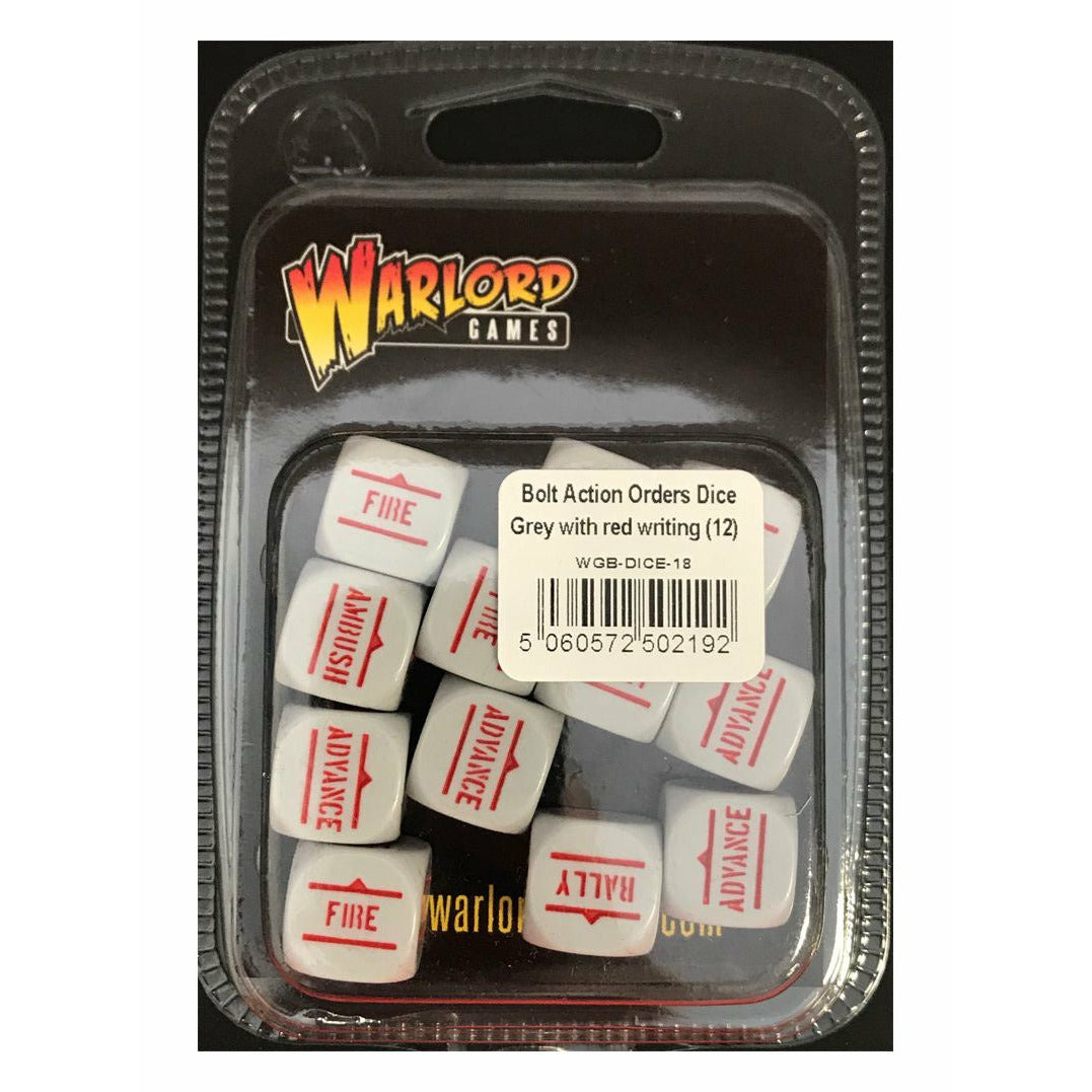 Bolt Action Orders Dice - Grey with Red Writing (12) WLG-WGB-DICE-18 by Warlord Games