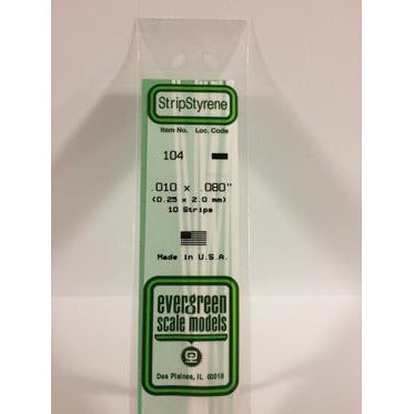 Evergreen #104 Styrene Strips: Dimensional 10 pack 0.010" (0.25mm) x 0.080" (2mm) x 14" (35cm)