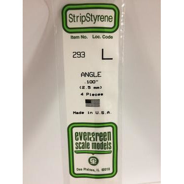 Evergreen #293 Styrene Shapes: Angle 4 pcs 0.100" (2.5mm) x 0.100" (2.5mm) x 0.018" (0.45mm) Thick