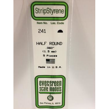 Evergreen #241 Styrene Shapes: Half Round 5 pack 0.060" (1.5mm) x 14" (35cm)
