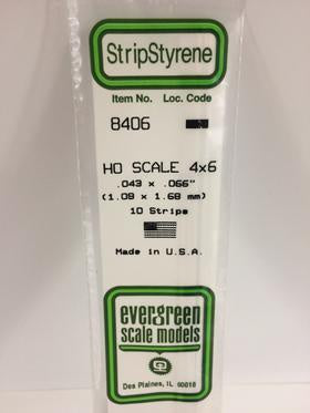 Evergreen #8406 - .043" X .066" / 1.1mm X 1.7mm Opaque White Polystyrene Ho Scale Strips (4x6)