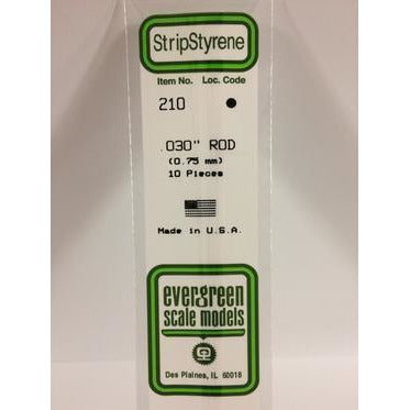 Evergreen #210 Styrene Rods: 10 pack 0.030" (0.75mm) OD x 14" (35cm)
