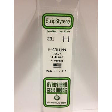 Evergreen #281 Styrene Shapes: H-Column 4 pack 0.060" (1.5mm) x W: 0.060" (1.5mm) x FT: 0.009" (0.22mm) x WT: 0.017" (0.43mm)