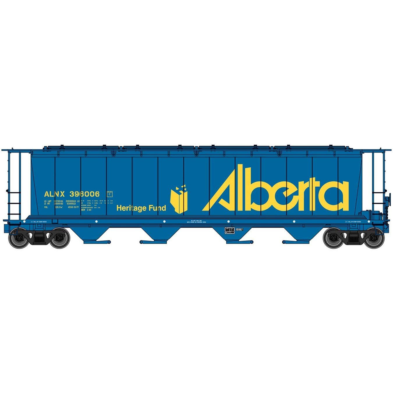 59' Cylindrical Hopper - Ready to Run -- Alberta ALNX #396006 (blue, yellow; Heritage Fund Logo, Large Name)
