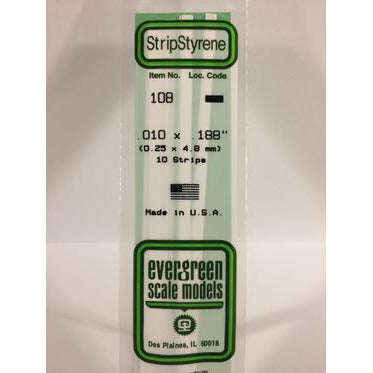 Evergreen #108 Styrene Strips: Dimensional 10 pack 0.010" (0.25mm) x 0.188" (4.8mm) x 14" (35cm)