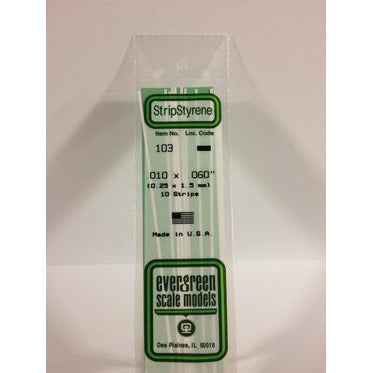 Evergreen #103 Styrene Strips: Dimensional 10 pack 0.010" (0.25mm) x 0.060" (1.5mm) x 14" (35cm)