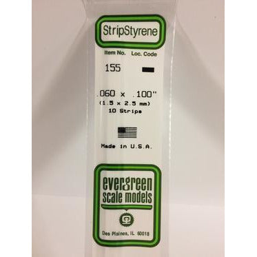 Evergreen #155 Styrene Strips: Dimensional 10 pack 0.060" (1.5mm) x 0.100" (2.5mm) x 14" (35cm)