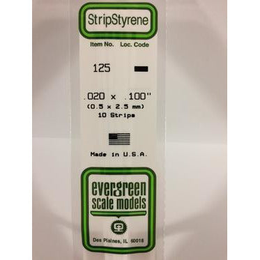 Evergreen #125 Styrene Strips: Dimensional 10 pack 0.020" (0.50mm) x 0.100" (2.50mm) x 14" (35cm)