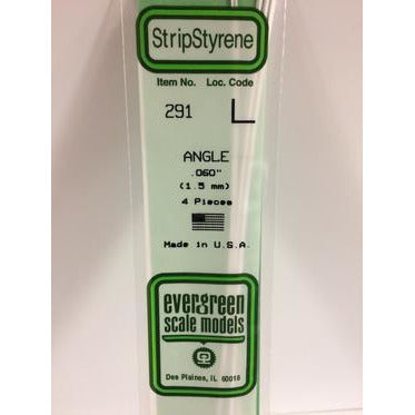 Evergreen #291 Styrene Shapes: Angle 4 pack 0.060" (1.5mm) x 0.060" (1.5mm) x 0.014" (0.35mm) Thick