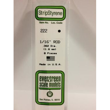 Evergreen #222 Styrene Rods: 1/16" 10 pack 0.062" (1.6mm) OD x 14" (35cm)