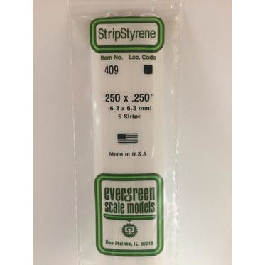 Evergreen #409 Styrene Strips: Dimensional 5 pack 0.250" (6.3mm) x 0.250" (6.3mm) x 24" (60cm)