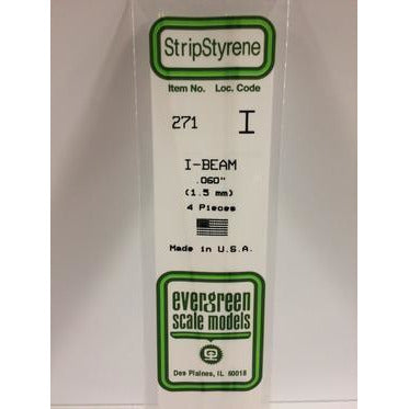 Evergreen #271 Styrene Shapes: I-Beam 4 pack 0.060" (1.5mm) x W: 0.048" (1.2mm) x FT: 0.009" (0.23mm) x WT: 0.016" (0.41mm)