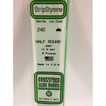 Evergreen #240 Styrene Shapes: Half Round 5 pack 0.040" (1.0mm) x 14" (35cm)