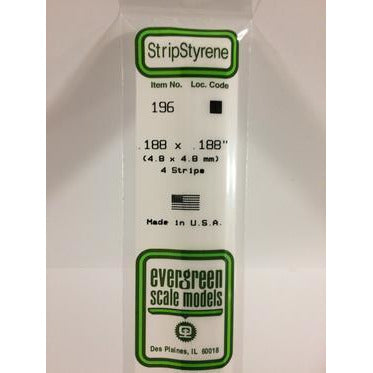 Evergreen #196 Styrene Strips: Dimensional 4 pack 0.188" (4.8mm) x 0.188" (4.8mm) x 14" (35cm)