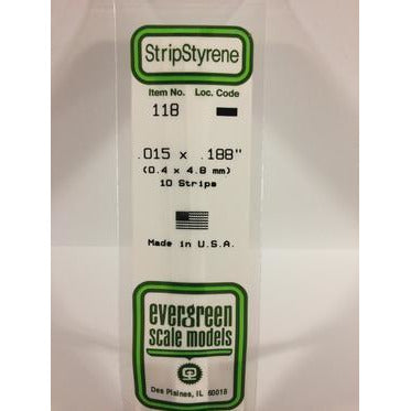 Evergreen #118 Styrene Strips: Dimensional 10 pack 0.015" (0.38mm) x 0.188" (4.8mm) x 14" (35cm)