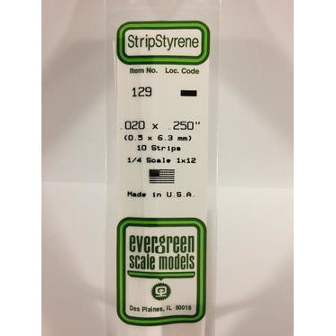 Evergreen #129 Styrene Strips: Dimensional 10 pack 0.020" (0.50mm) x 0.250" (6.30mm) x 14" (35cm)
