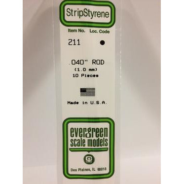 Evergreen #211 Styrene Rods: 10 pack 0.040" (1.0mm) OD x 14" (35cm)
