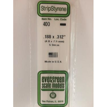 Evergreen #400 Styrene Strips: Dimensional 5 pack 0.188" (4.8mm) x 0.312" (7.9mm) x 24" (60cm)