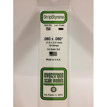Evergreen #154 Styrene Strips: Dimensional 10 pack 0.060" (1.5mm) x 0.080" (2.0mm) x 14" (35cm)