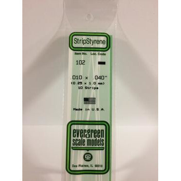Evergreen #102 Styrene Strips: Dimensional 10 pack 0.010" (0.25mm) x 0.040" (1mm) x 14" (35cm)