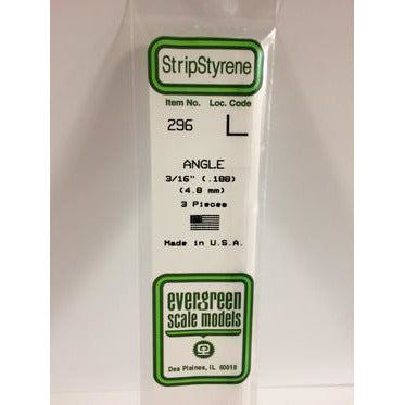 Evergreen #296 Styrene Shapes: Angle 3 pack 3/16", 0.188" (4.8mm) x 0.188" (4.8mm) x 0.026" (0.66mm) Thick