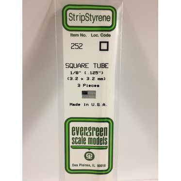 Evergreen #252 Styrene Tubes: Square 1/8" 3 pack 0.125" (3.2mm) x 14" (35cm)