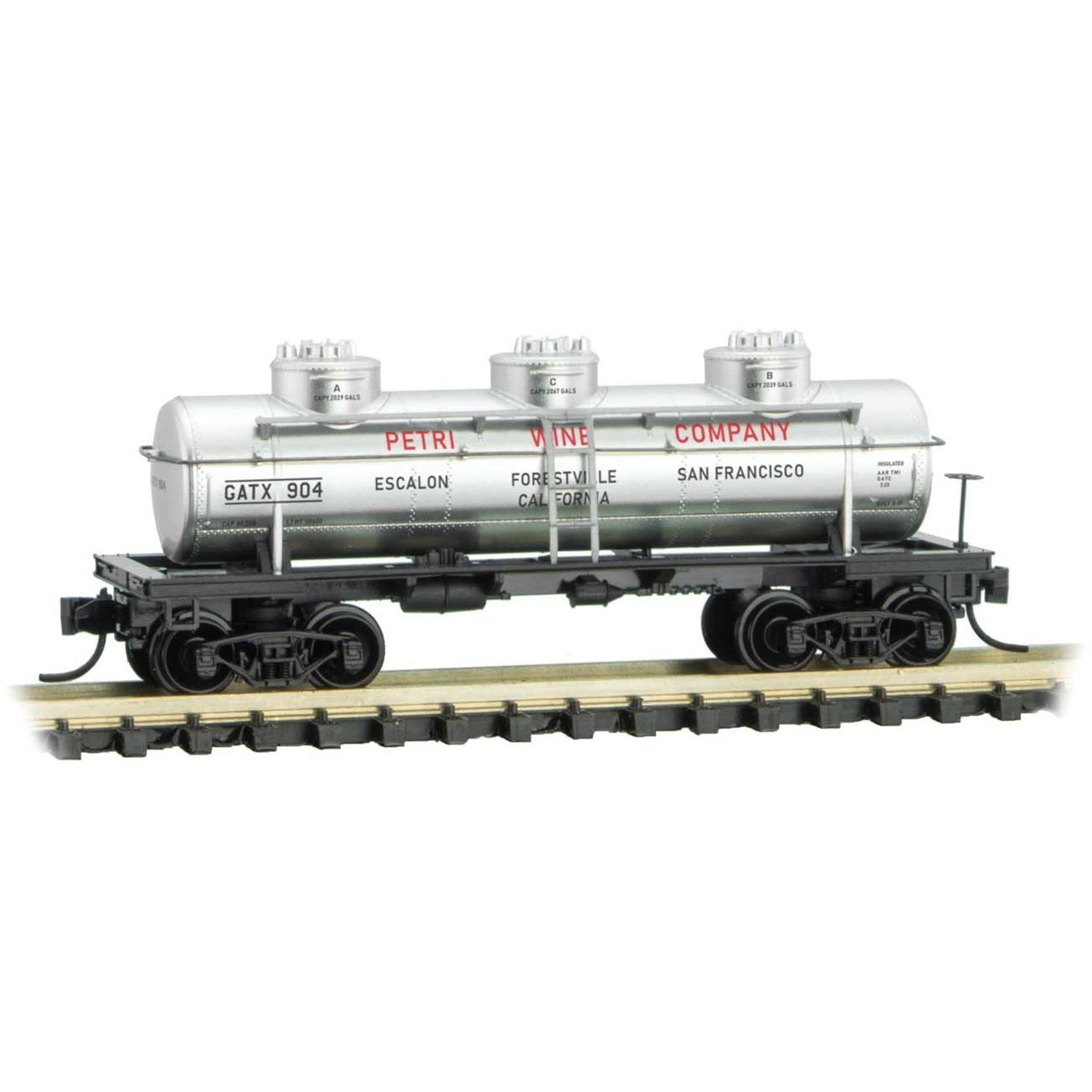 3-Dome Tank Car - Ready to Run -- Petri Wine Co. GATX 904 Grape to Glass Series 8 - Silver