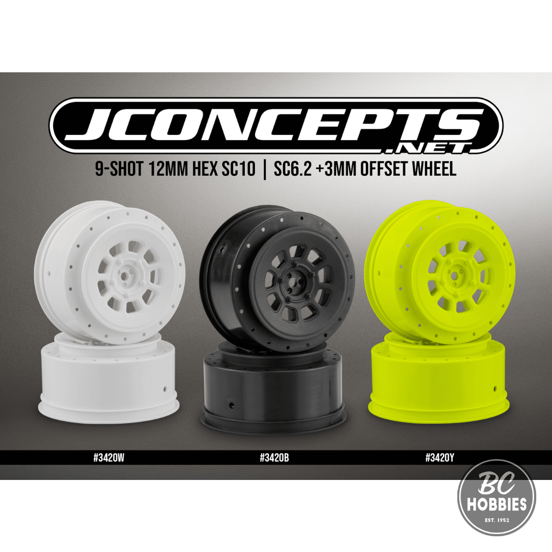 JConcepts 9-Shot Short Course Wheels w/3mm Offset (2) w/12mm Hex - Assorted Colours