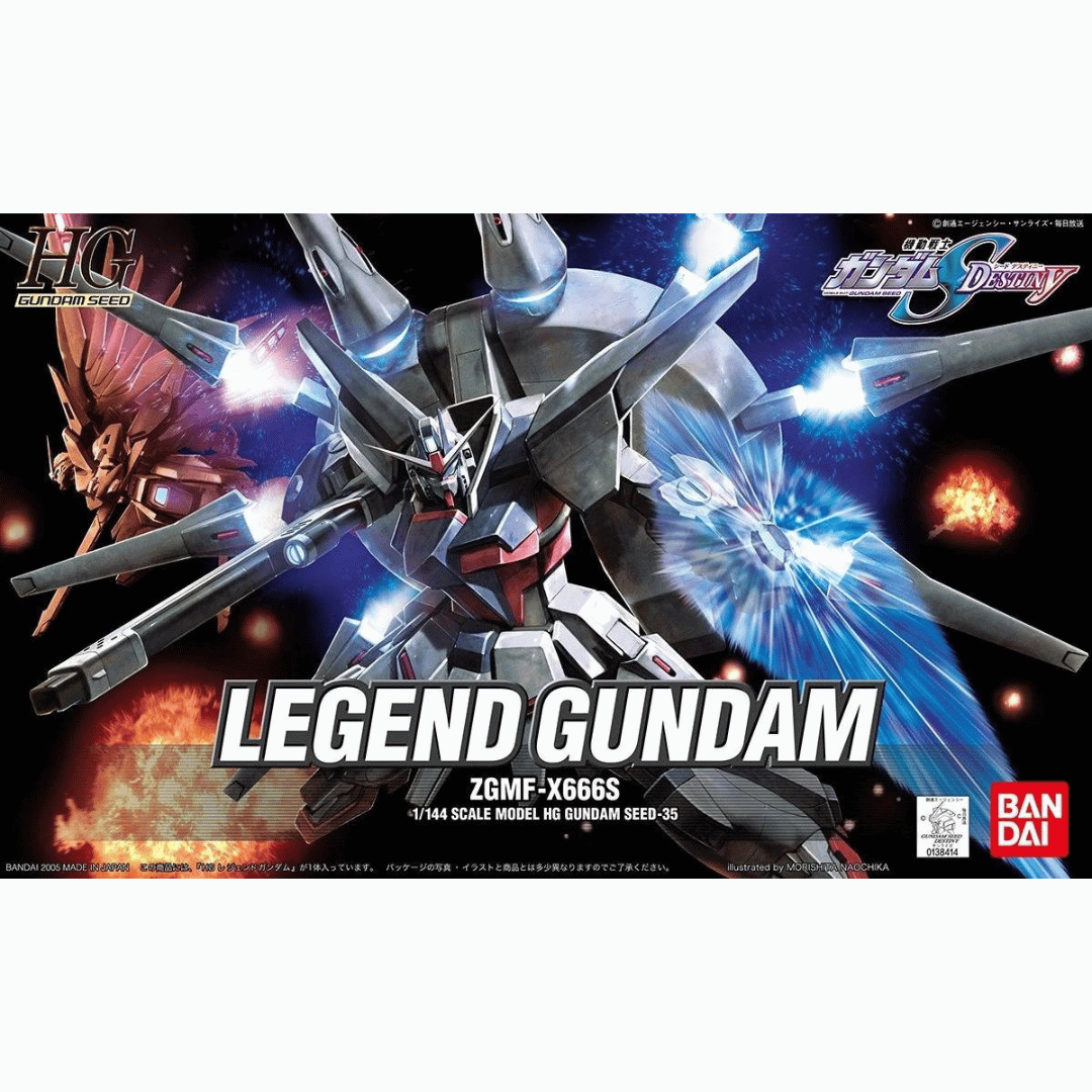 The HG Legend Gundam box art shows the mobile suit launching its DRAGOONs with its beam shield and rifle deployed. In the background, there are explosions and the Destiny Gundam.