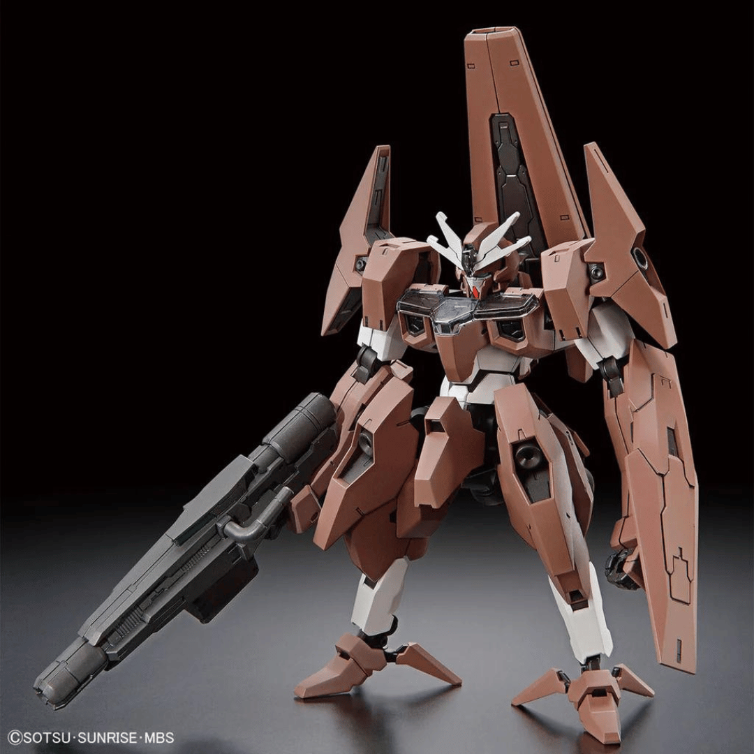 The HG Gundam Lfrith Thorn posed standing from the front with its beam rifle and shield.