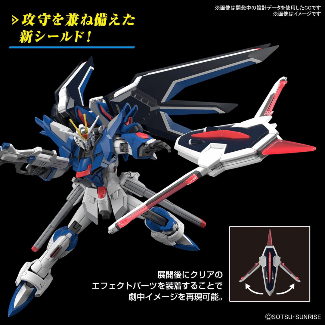 The HG Rising Freedom Gundam launching its Composite Anti-Beam Carrier Composite Armed Shield.