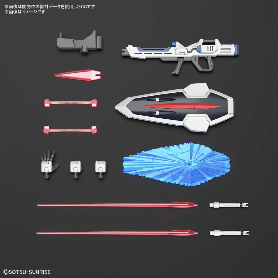 The HG Rising Freedom Gundam comes with these accessories, including beam effect parts, beam rifle, shield, beam shield and sabers as well as three fixed posed hands.