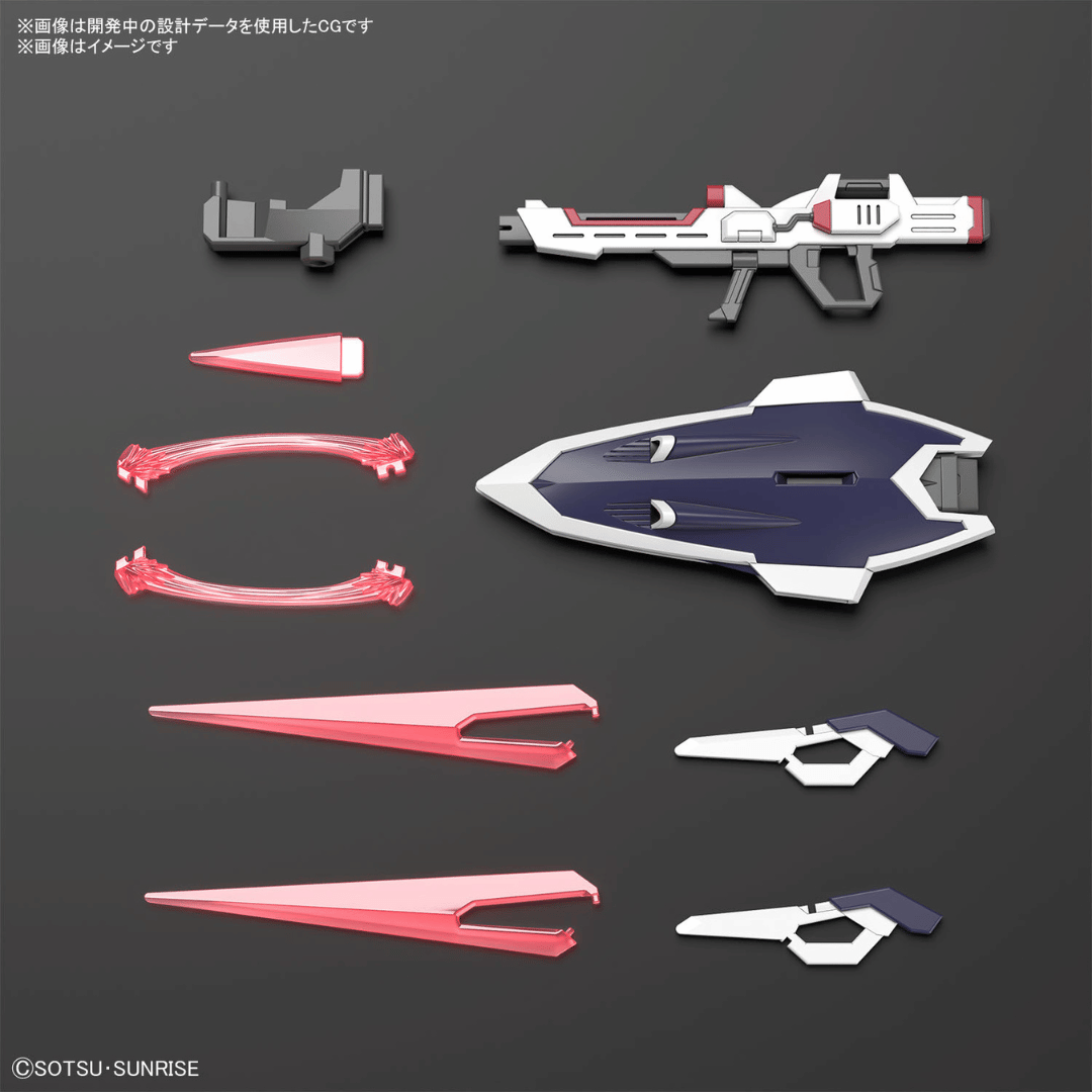 The Immortal Justice Gundam comes packed with these accessories: beam effect parts, stand adapter, beam rifle, shield and beam sabers.