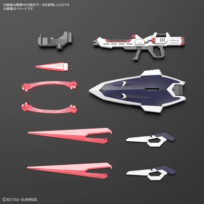 The Immortal Justice Gundam comes packed with these accessories: beam effect parts, stand adapter, beam rifle, shield and beam sabers.