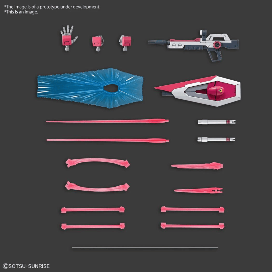 The HGCE Infinite Justice Gundam Type II comes packaged with the following accessories: 3 fixed pose hands, beam rifle, beam shield, beam boomerang and grapple hook, 2 beam sabers and beam effect parts for various beam sabers. It also comes with one posable wire.