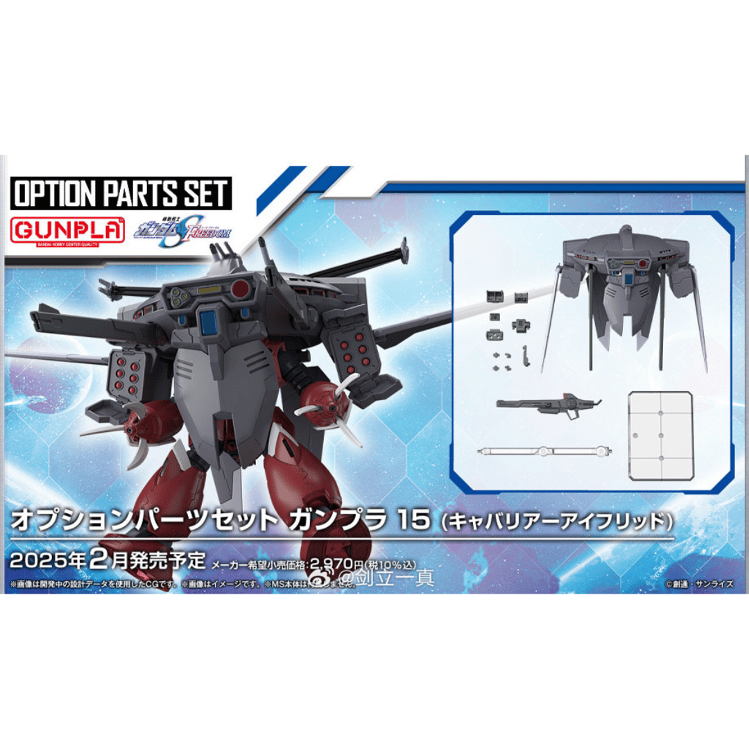 Packaging for the Option Parts Set Gunpla 15 featuring a model kit of a mech robot with various accessory parts and a buildable model displayed on the front.