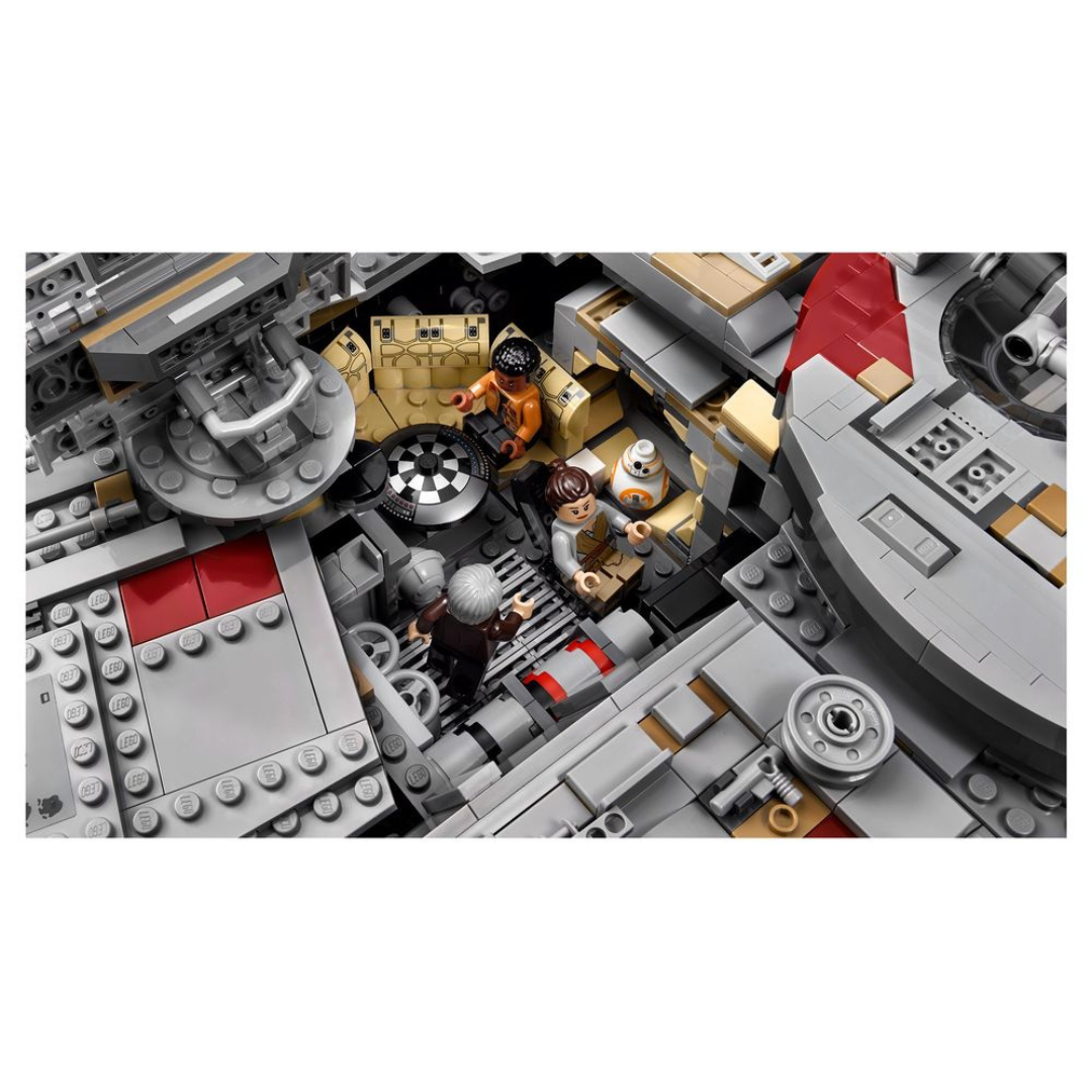 One of the opening compartments of the LEGO UCS Millennium Falcon showing the seating area.