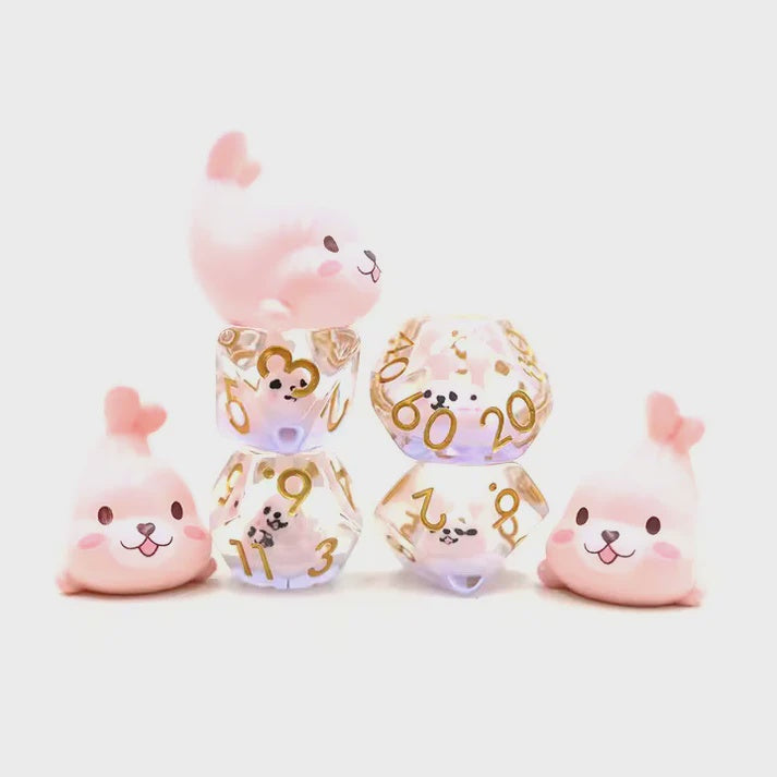 Pink Seal 7pc Dice Set for TTRPG inked in Gold