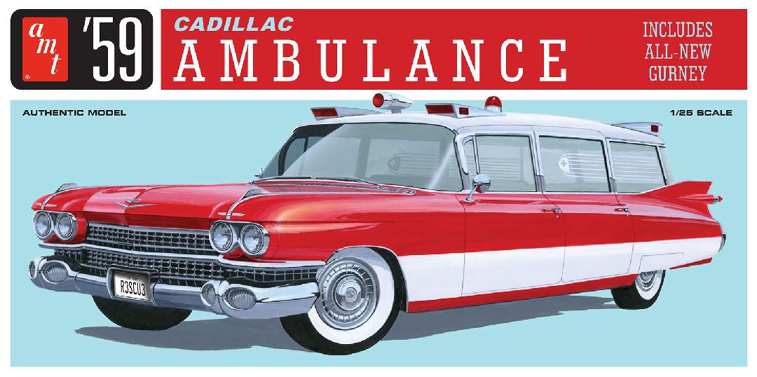 1959 Cadillac Ambulance With Gurney 1/25 Model Car Kit #1395/12 by AMT