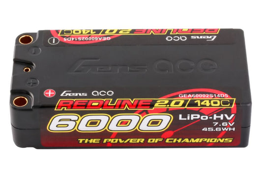 Gens Ace Redline 2.0 2S Shorty LiHV Battery 140C (7.6V/6000mAh) w/5mm Bullets - GEA60002S14D5
