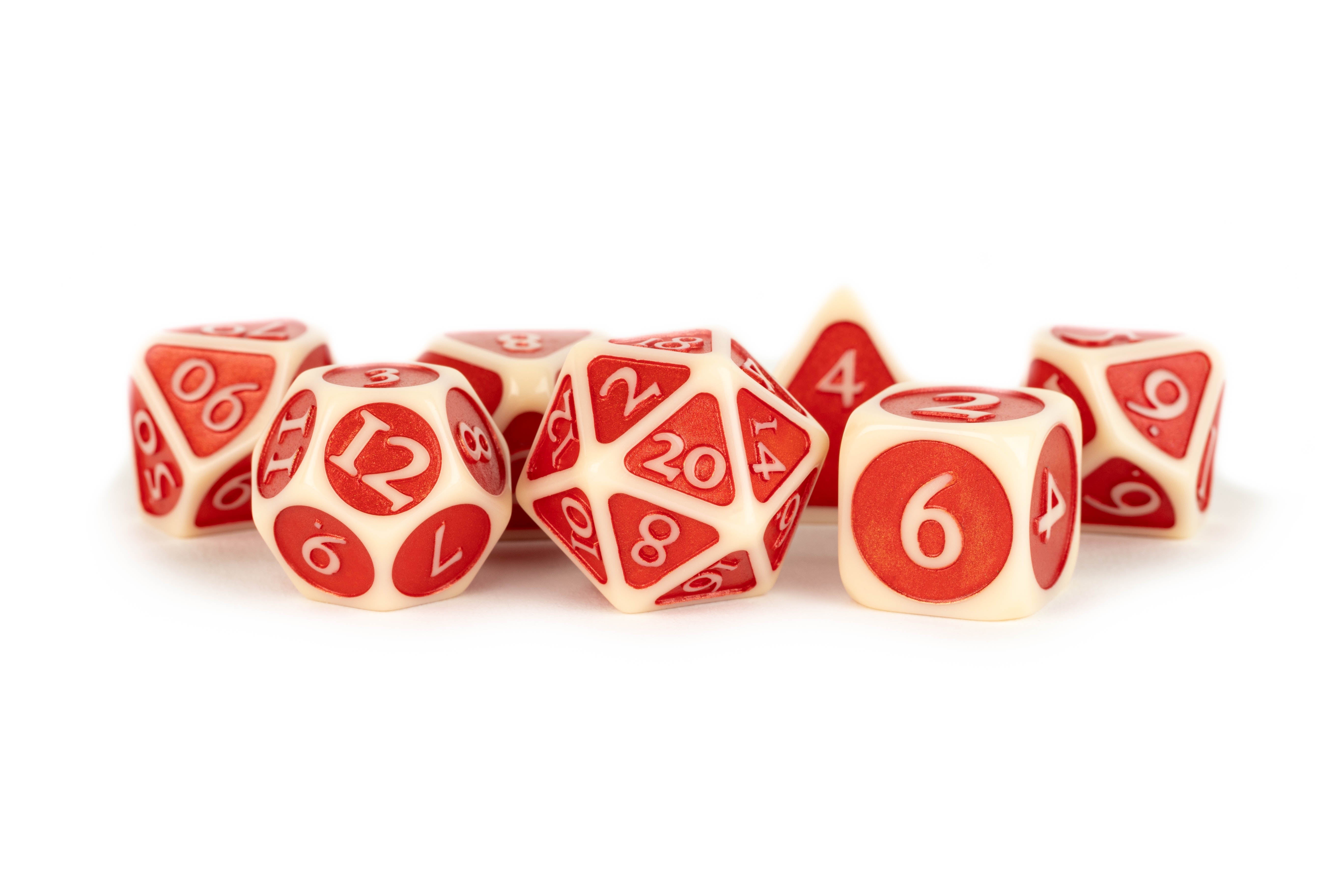 Fanroll Enamel Acrylic 7 Dice Set Ivory W/ Red 16MM - FAN761